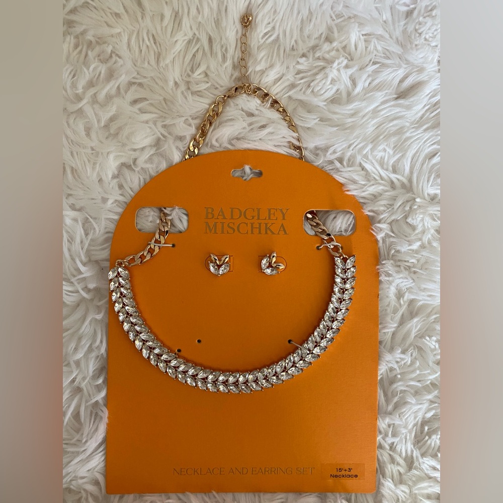 Badgley Mischka Crystal and Gold Statement Necklace and Earring Set